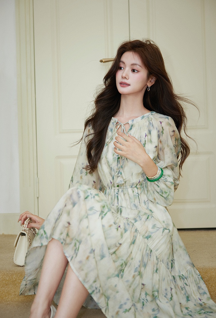 Autumn floral Chinese style green dress for women