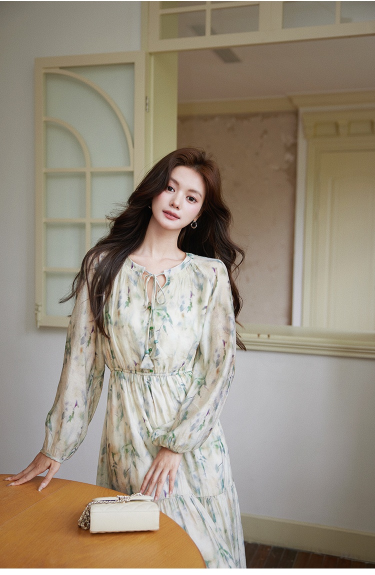 Autumn floral Chinese style green dress for women