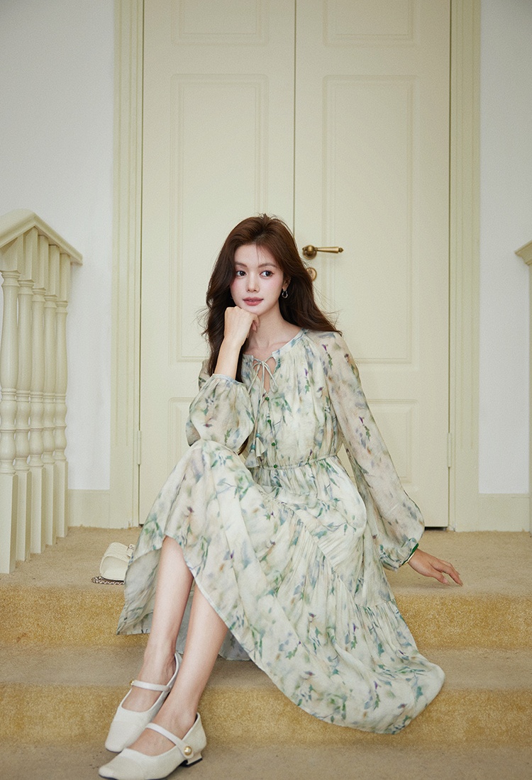 Autumn floral Chinese style green dress for women