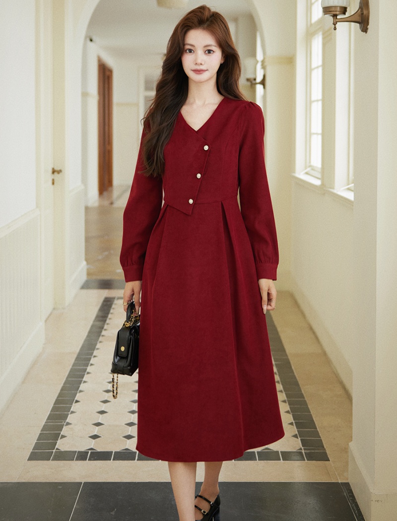 Retro romantic red Hepburn style dress for women