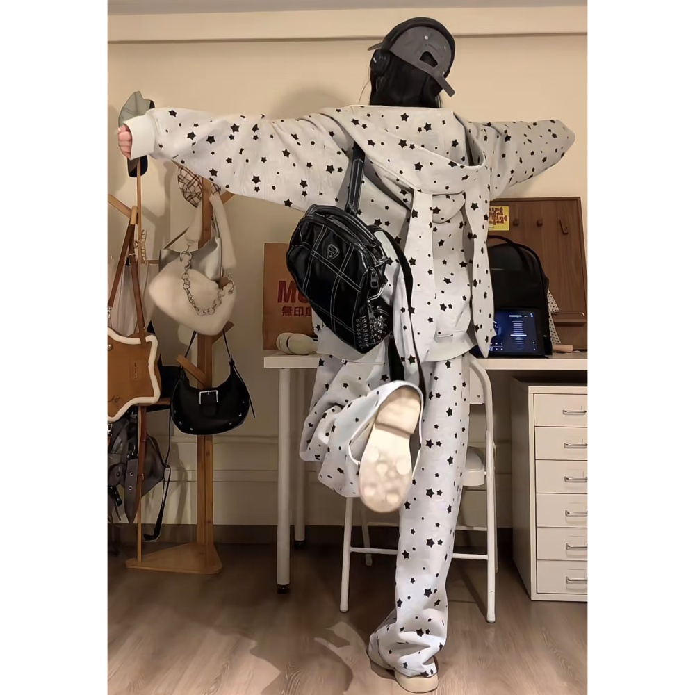 Stars loose hooded rabbit ears hoodie 2pcs set for women