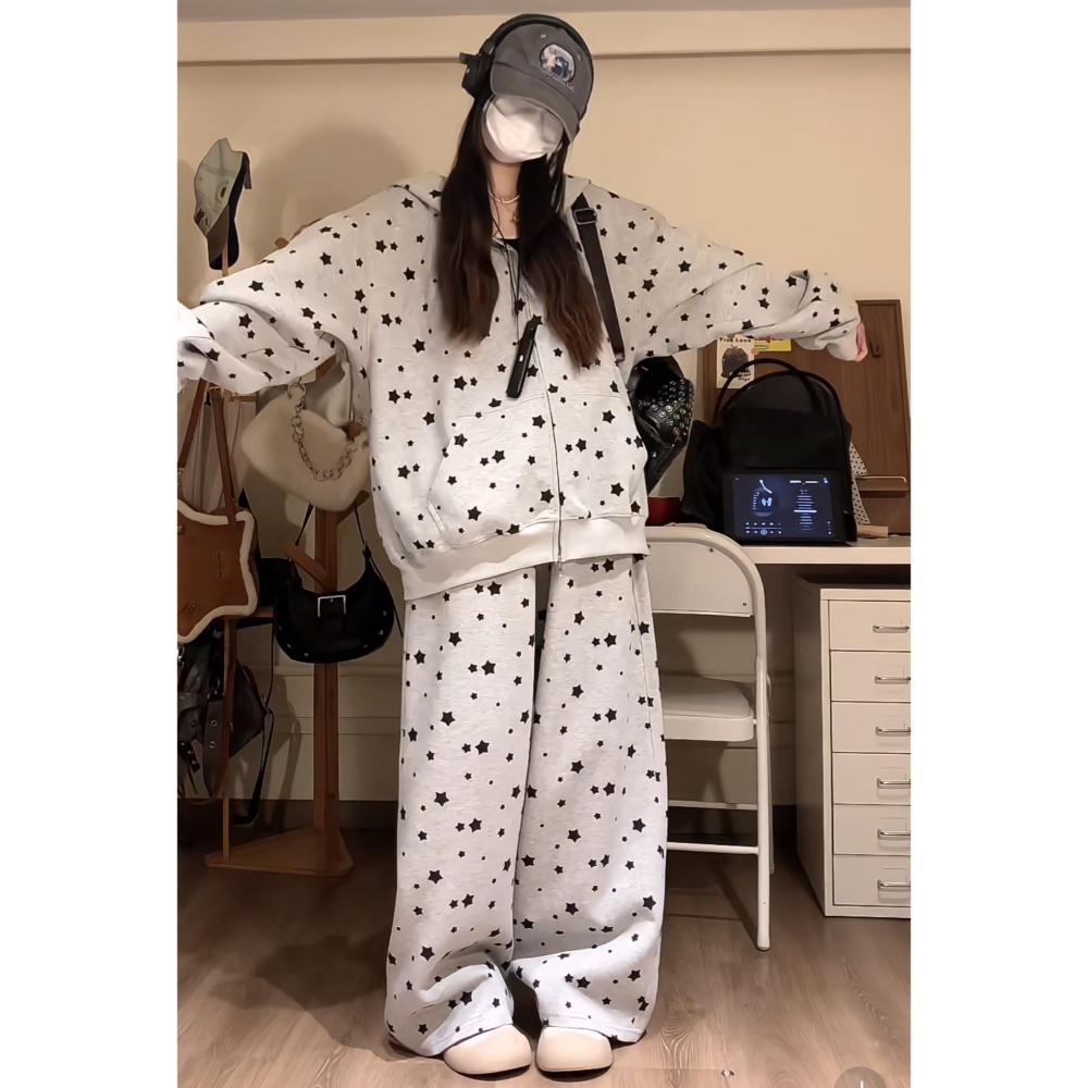 Stars loose hooded rabbit ears hoodie 2pcs set for women