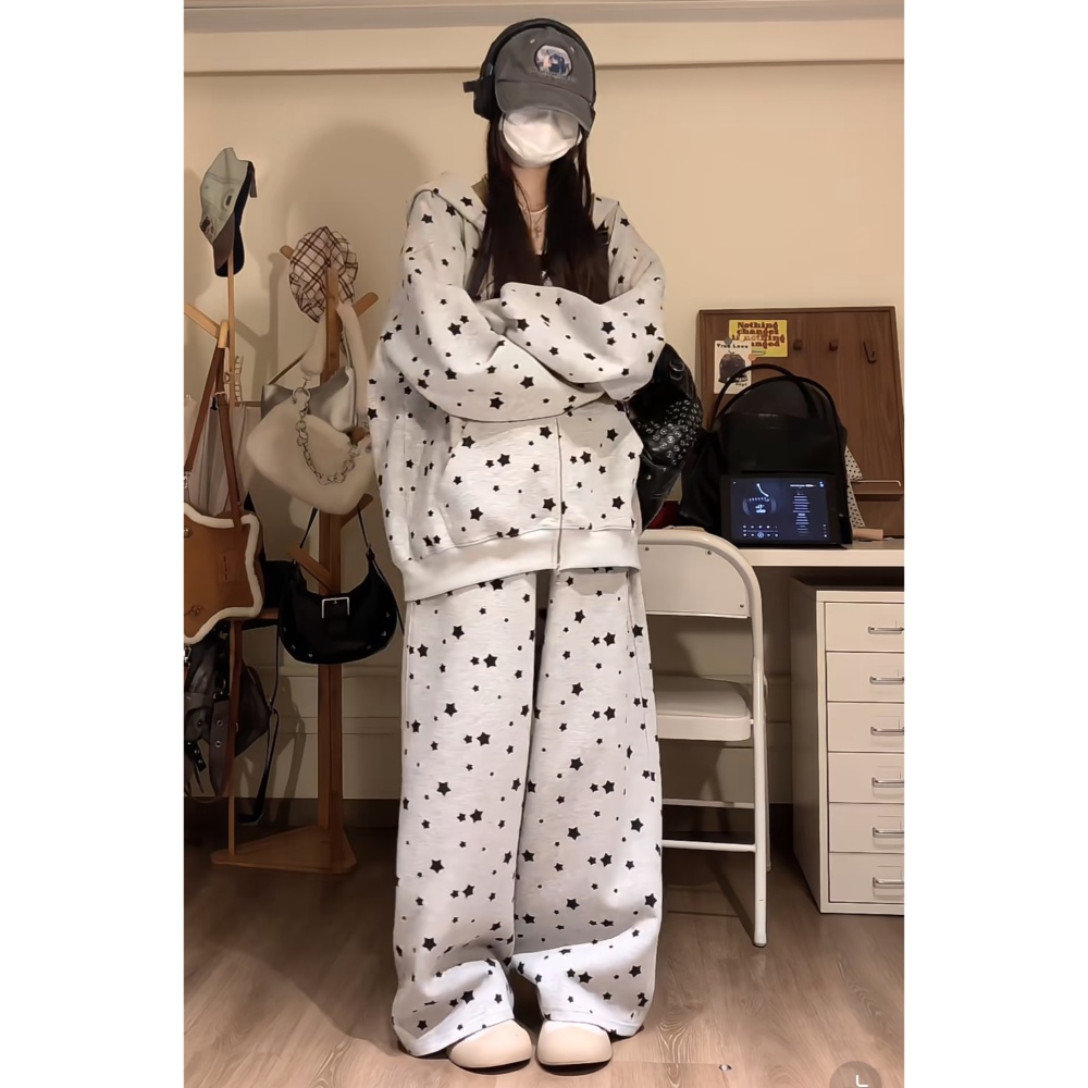 Stars loose hooded rabbit ears hoodie 2pcs set for women