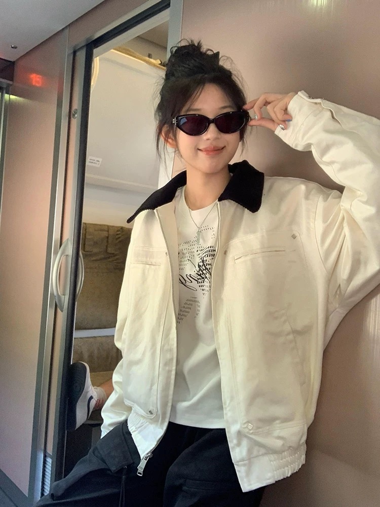Mixed colors loose jacket lapel tops for women