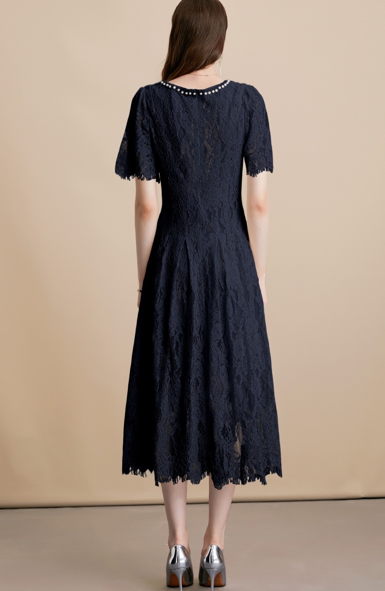 Short sleeve pearl round neck lace diamond dress