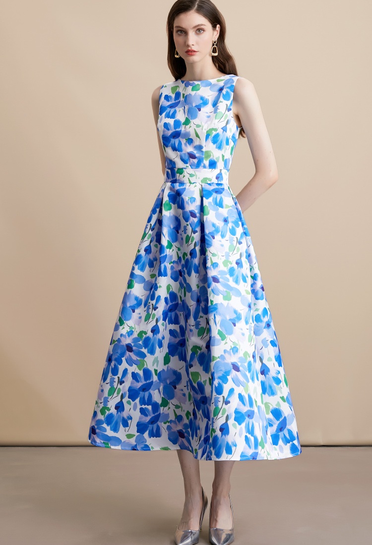 A-line pinched waist sleeveless stereoscopic high waist dress