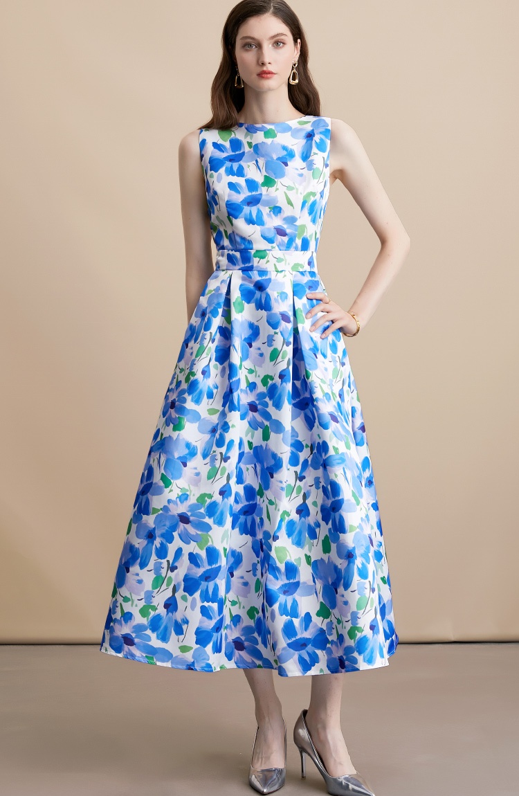 A-line pinched waist sleeveless stereoscopic high waist dress
