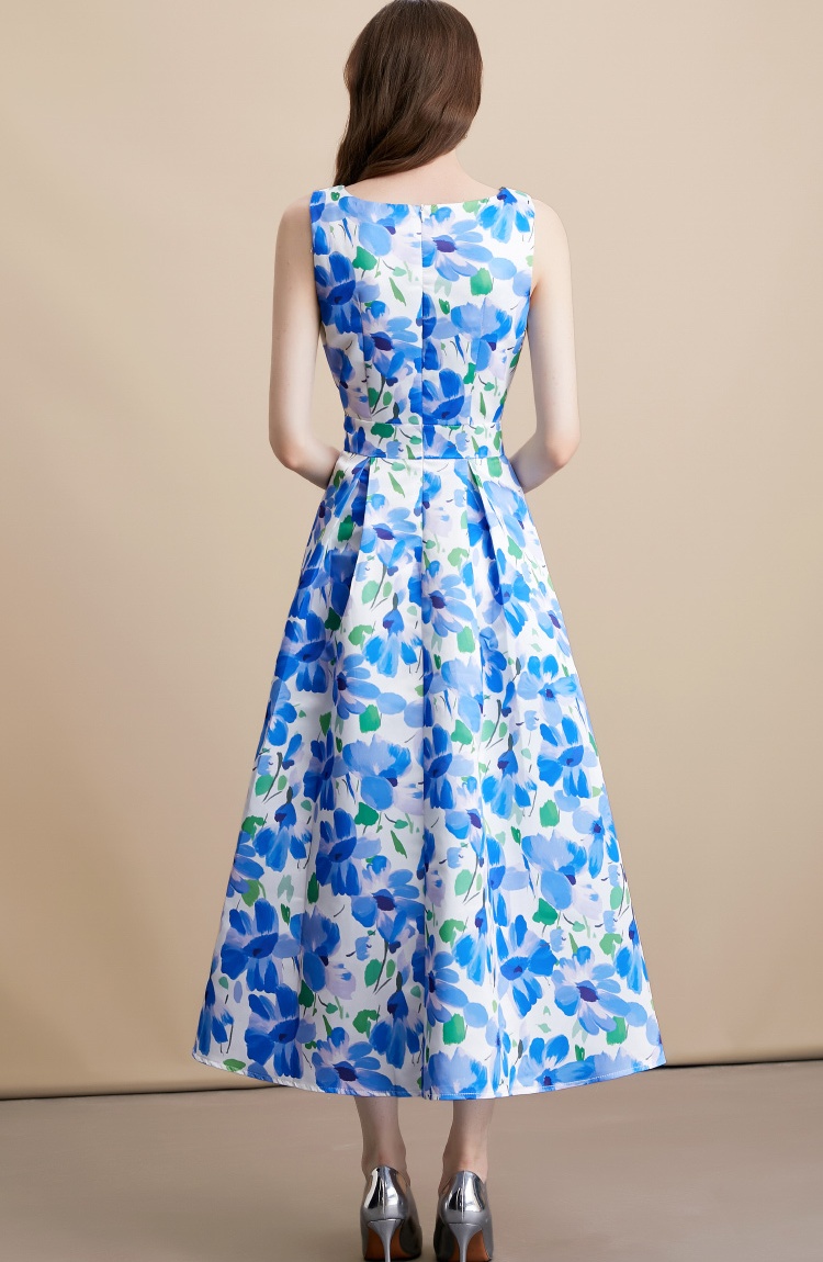 A-line pinched waist sleeveless stereoscopic high waist dress