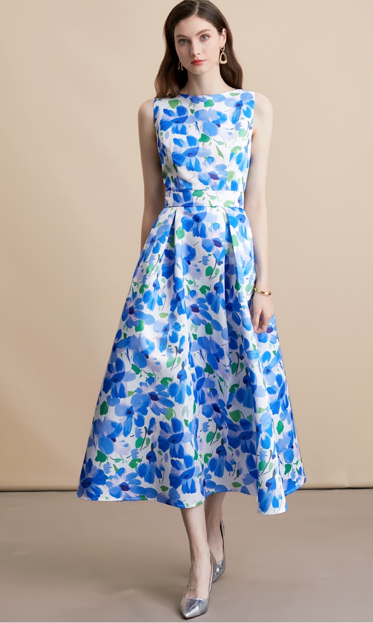 A-line pinched waist sleeveless stereoscopic high waist dress