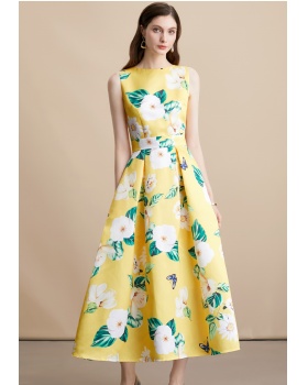 High waist stereoscopic A-line sleeveless pinched waist dress
