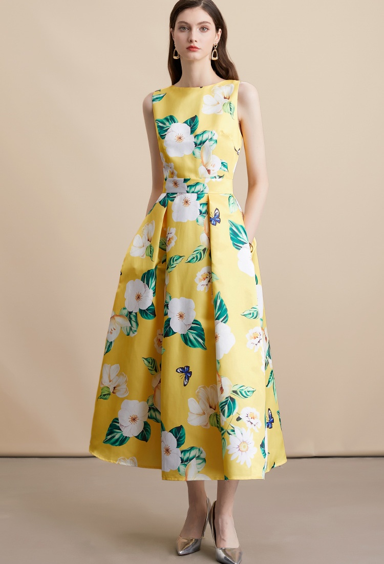 High waist stereoscopic A-line sleeveless pinched waist dress