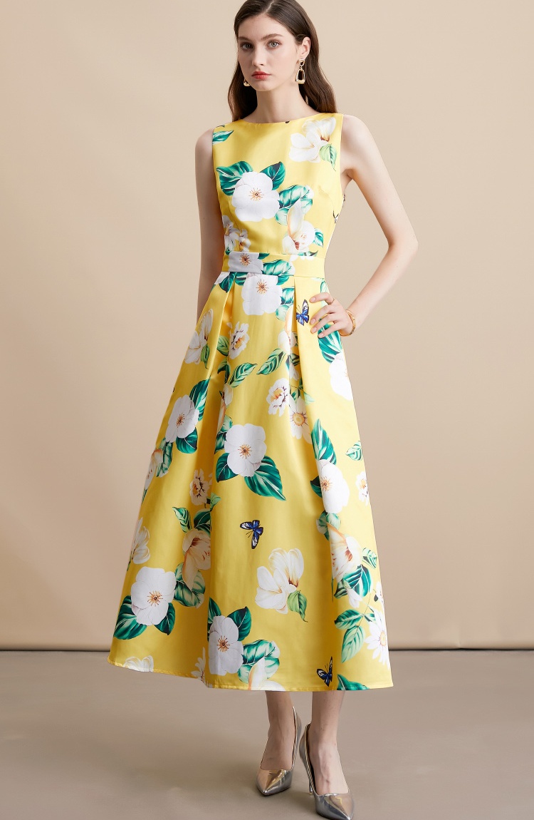 High waist stereoscopic A-line sleeveless pinched waist dress