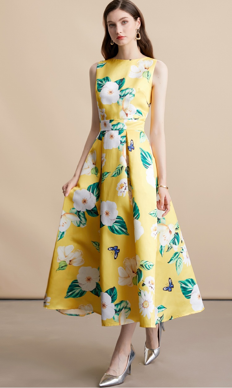 High waist stereoscopic A-line sleeveless pinched waist dress