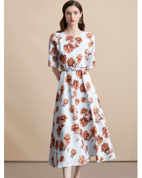 Short sleeve dress pinched waist long dress for women