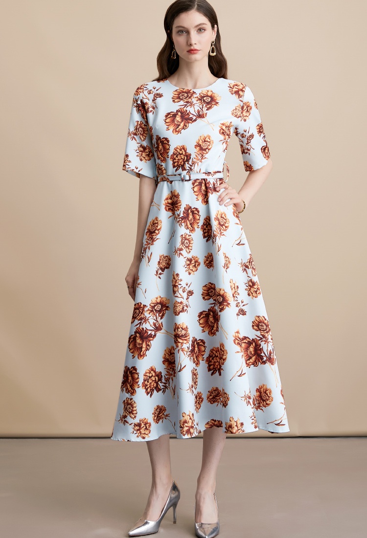 Short sleeve dress pinched waist long dress for women