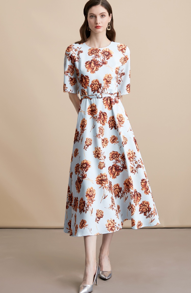 Short sleeve dress pinched waist long dress for women