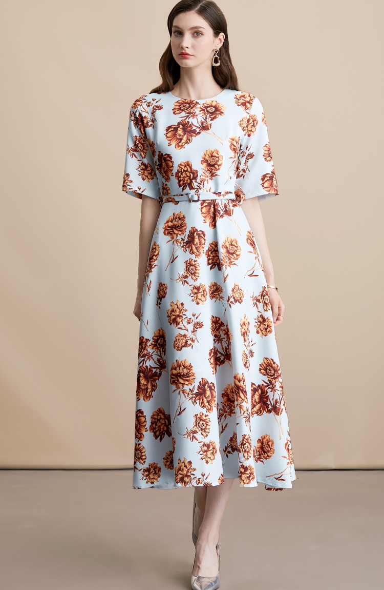 Short sleeve dress pinched waist long dress for women