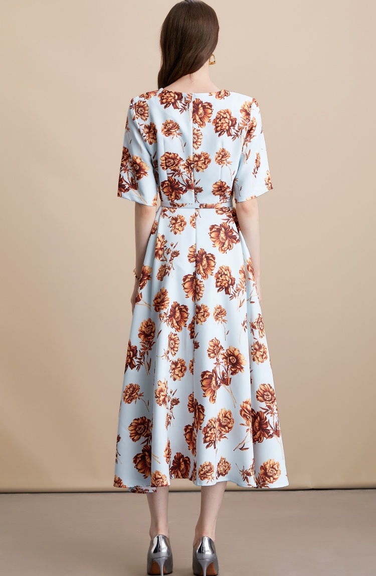 Short sleeve dress pinched waist long dress for women