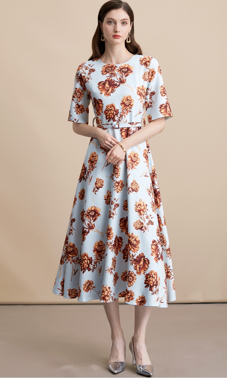 Short sleeve dress pinched waist long dress for women