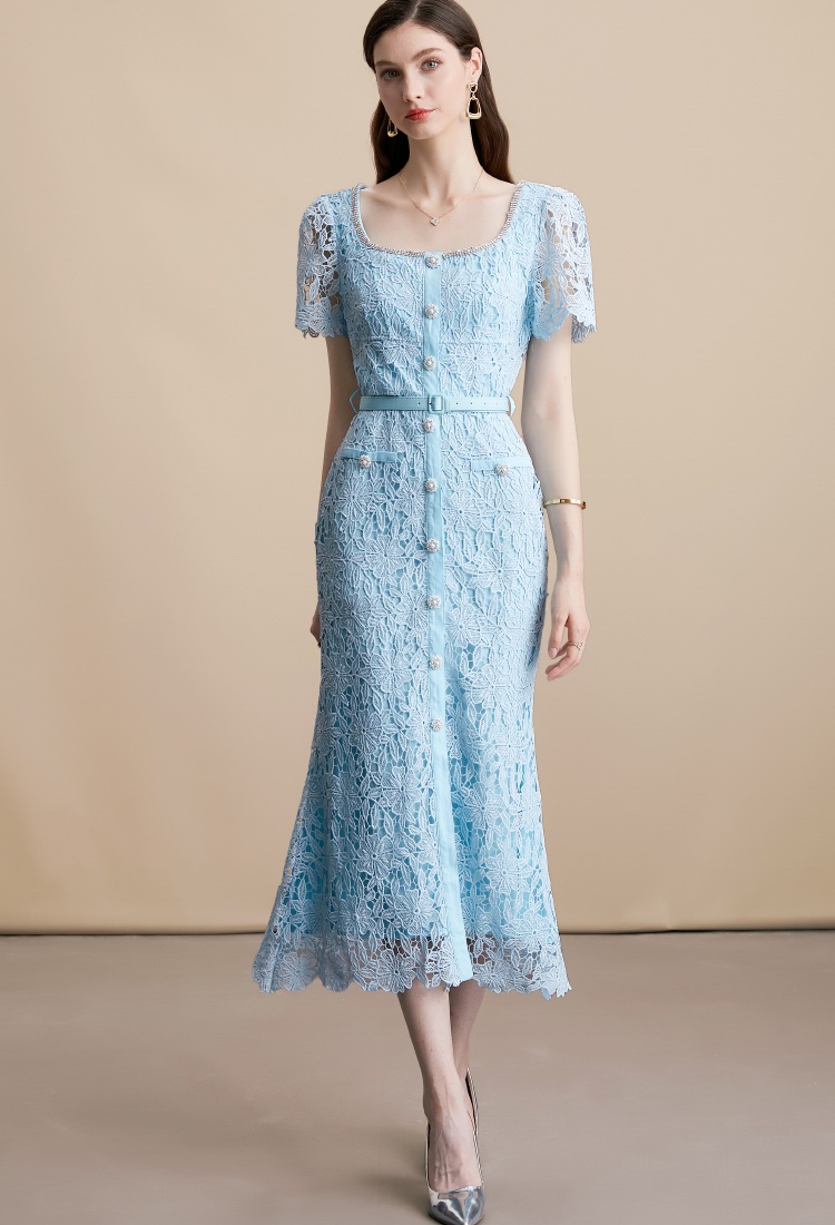 Square collar long France style with belt dress