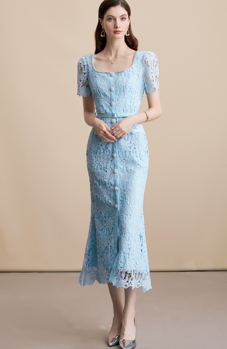 Square collar long France style with belt dress