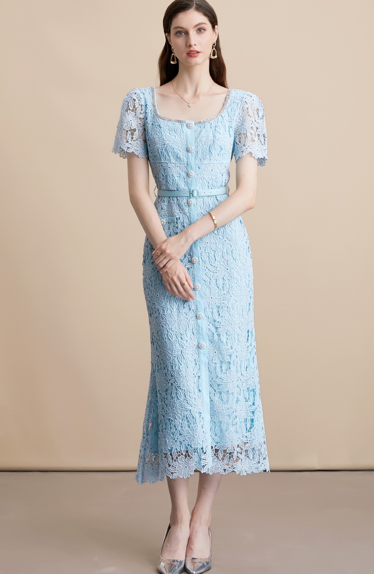 Square collar long France style with belt dress