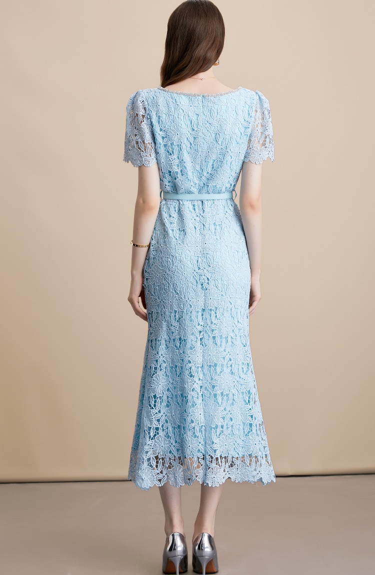 Square collar long France style with belt dress