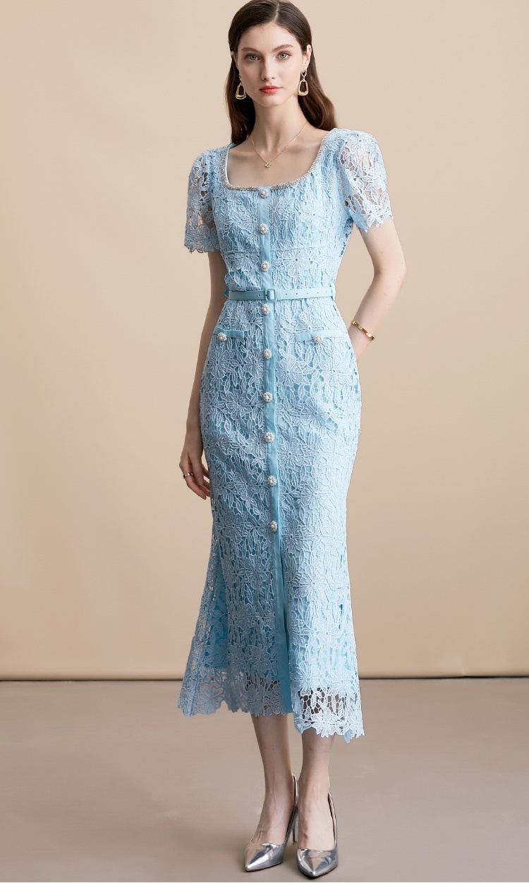 Square collar long France style with belt dress