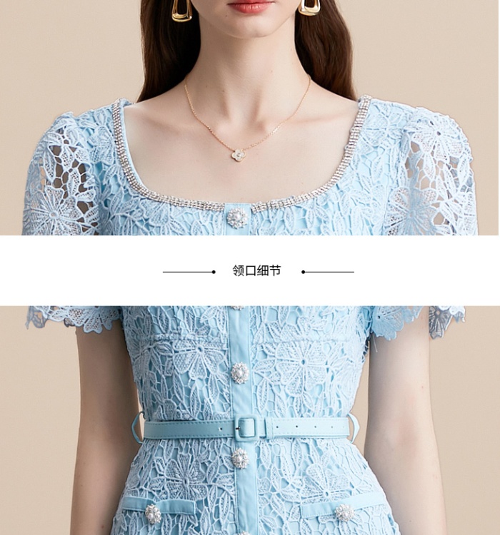 Square collar long France style with belt dress