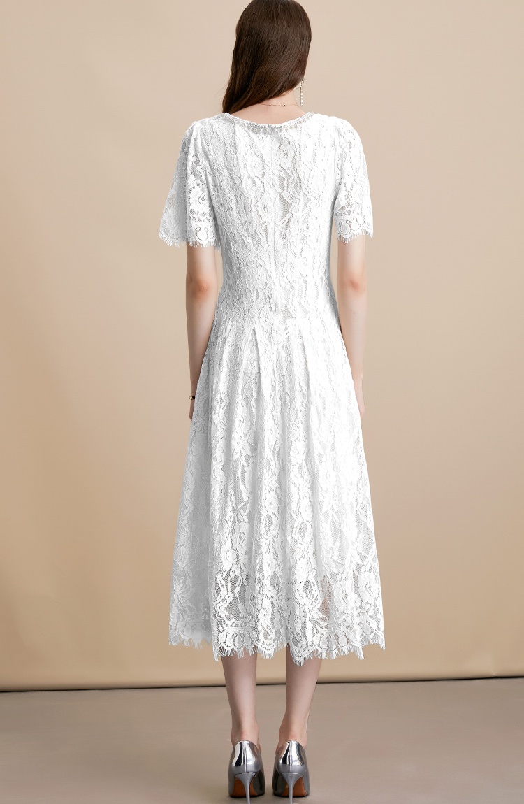 Short sleeve diamond pearl round neck white dress