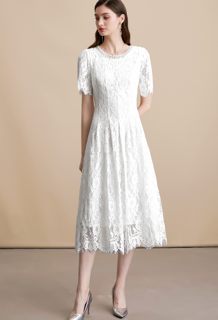 Short sleeve diamond pearl round neck white dress
