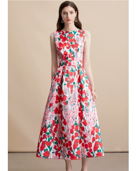 Sleeveless A-line high waist pinched waist stereoscopic dress
