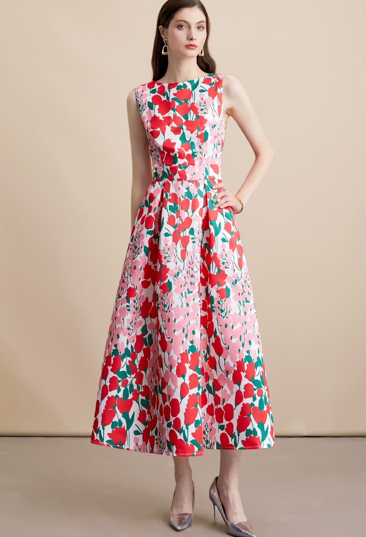 Sleeveless A-line high waist pinched waist stereoscopic dress