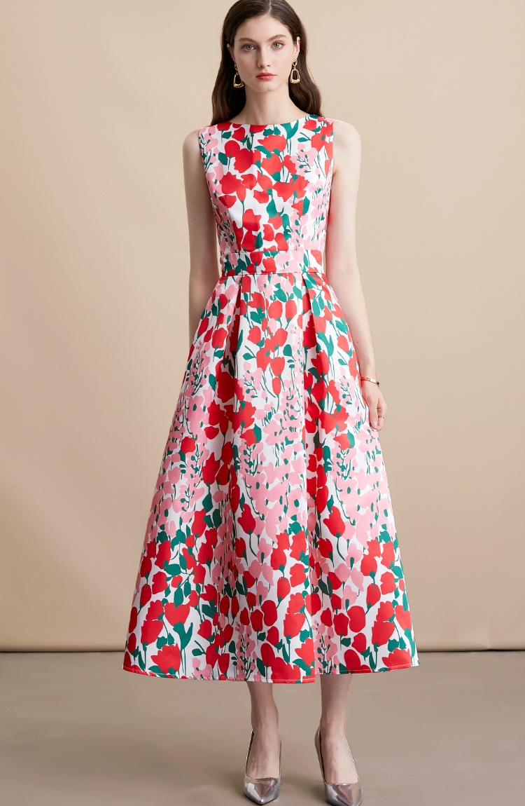 Sleeveless A-line high waist pinched waist stereoscopic dress