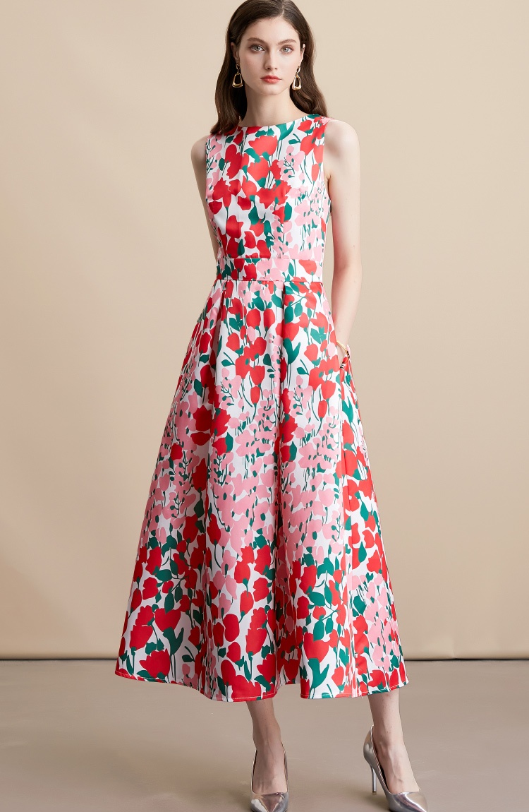 Sleeveless A-line high waist pinched waist stereoscopic dress