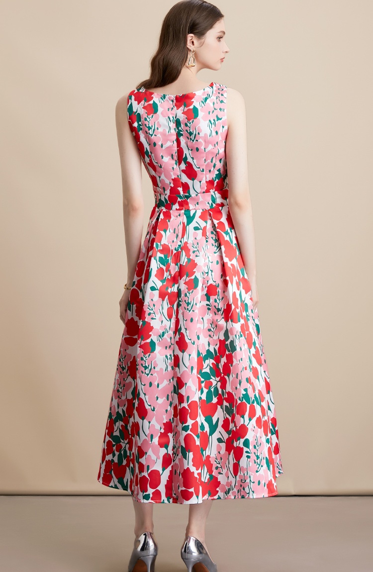 Sleeveless A-line high waist pinched waist stereoscopic dress