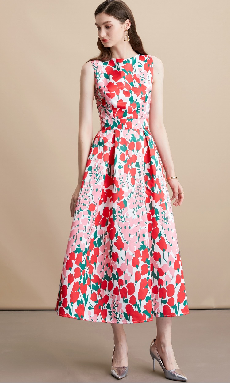 Sleeveless A-line high waist pinched waist stereoscopic dress