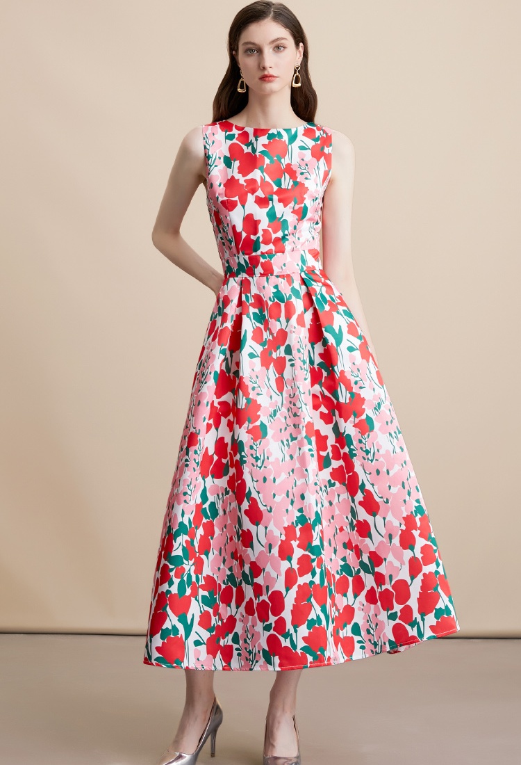 Sleeveless A-line high waist pinched waist stereoscopic dress