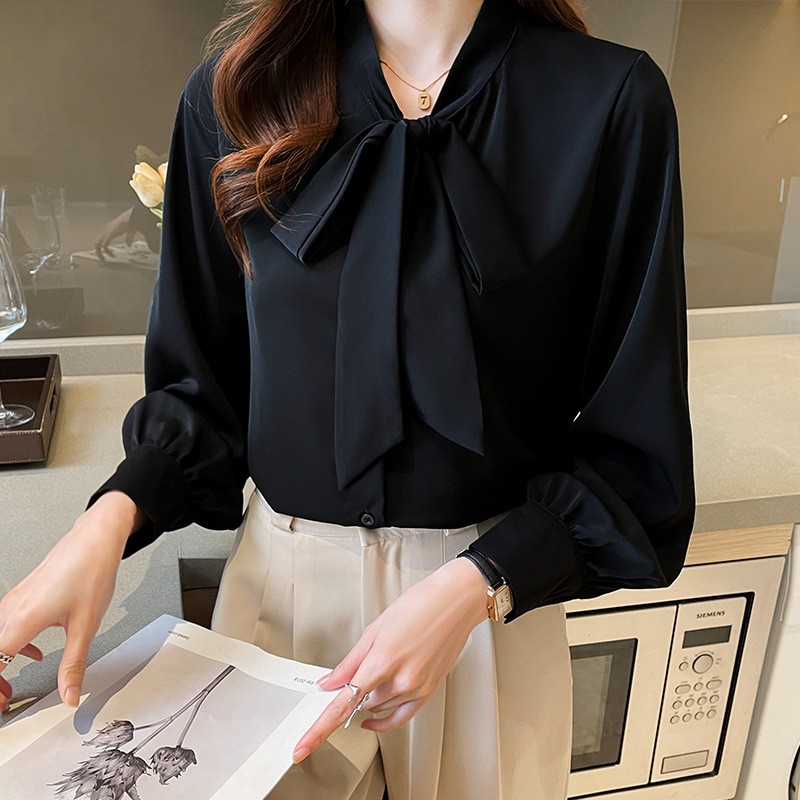 Bow white chiffon shirt niche streamer tops for women