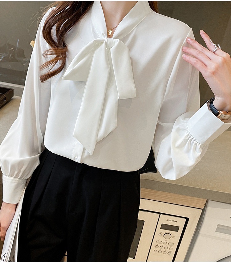 Bow white chiffon shirt niche streamer tops for women