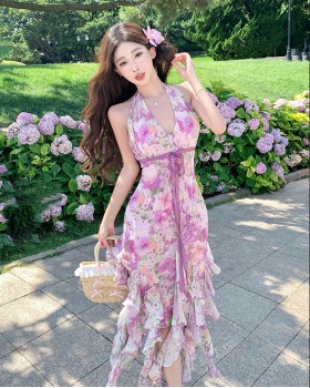 Vacation romantic dress purple halter long dress