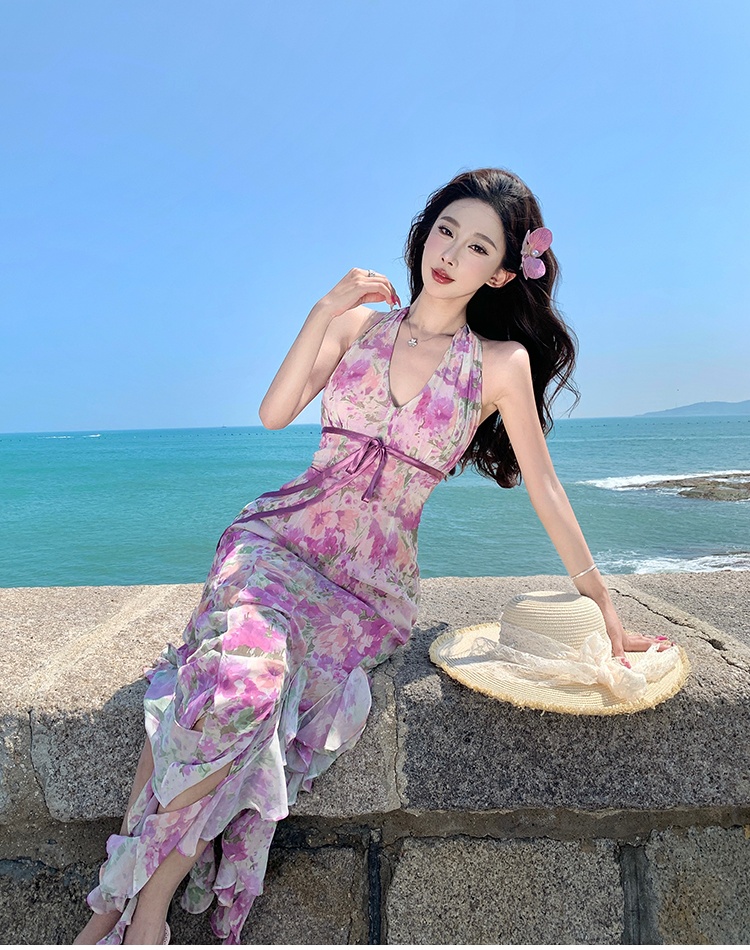 Vacation romantic dress purple halter long dress
