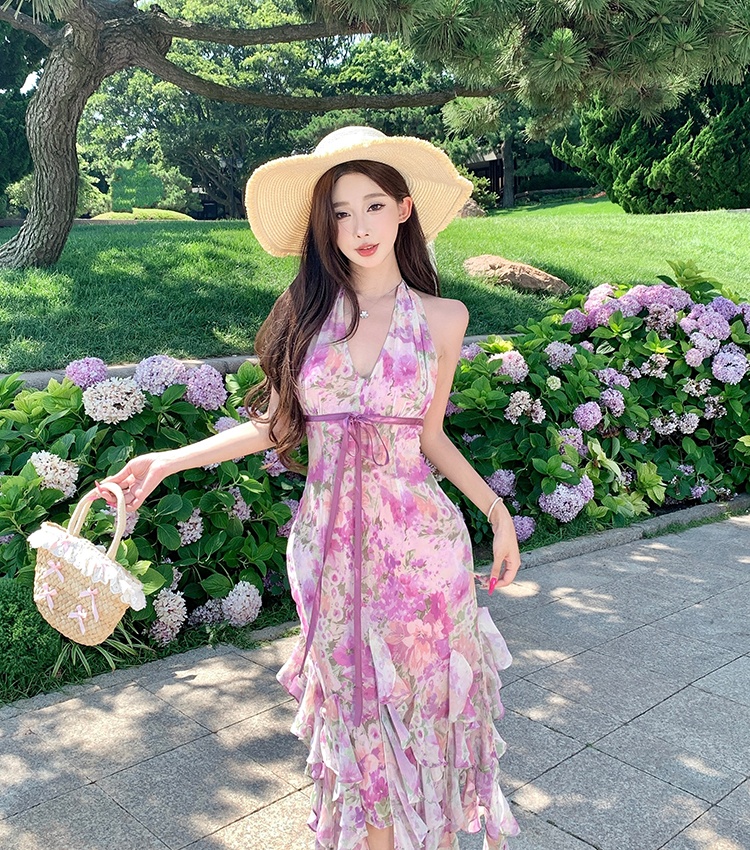 Vacation romantic dress purple halter long dress