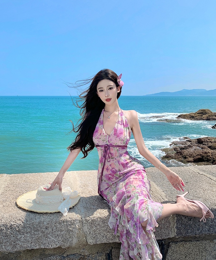 Vacation romantic dress purple halter long dress