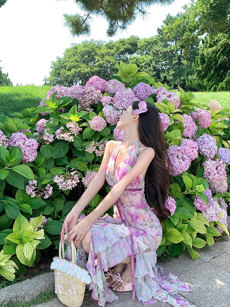 Vacation romantic dress purple halter long dress