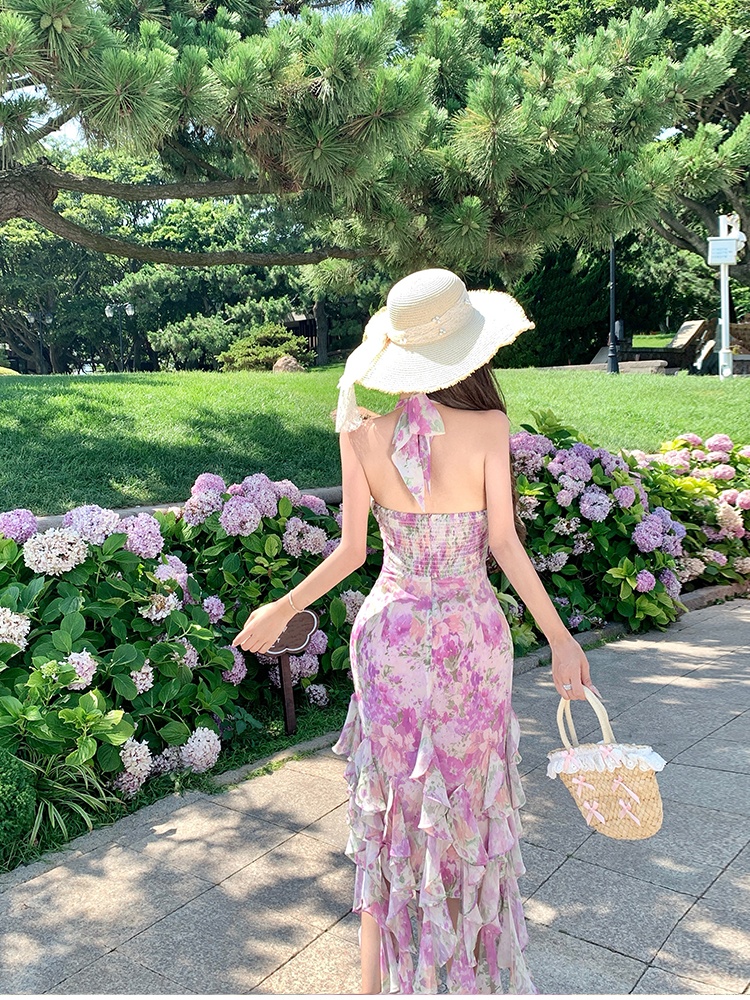 Vacation romantic dress purple halter long dress