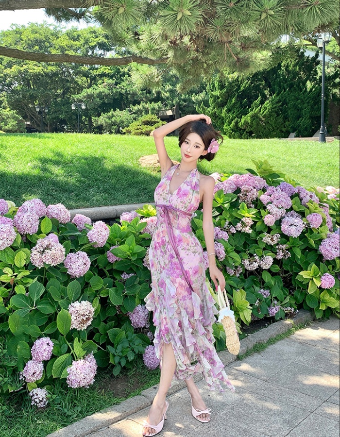 Vacation romantic dress purple halter long dress