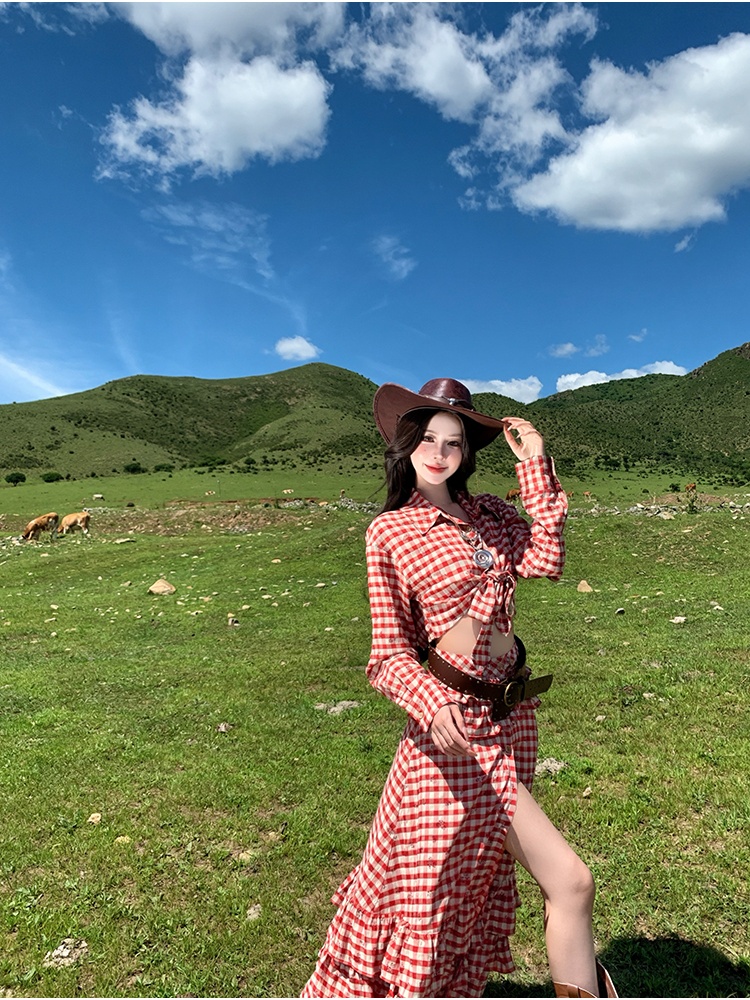 Vacation retro summer plaid red spicegirl dress a set
