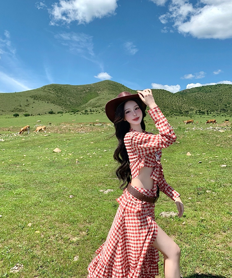 Vacation retro summer plaid red spicegirl dress a set