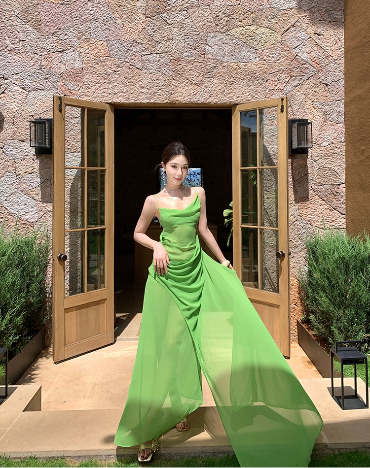 Green seaside dress sling long dress for women